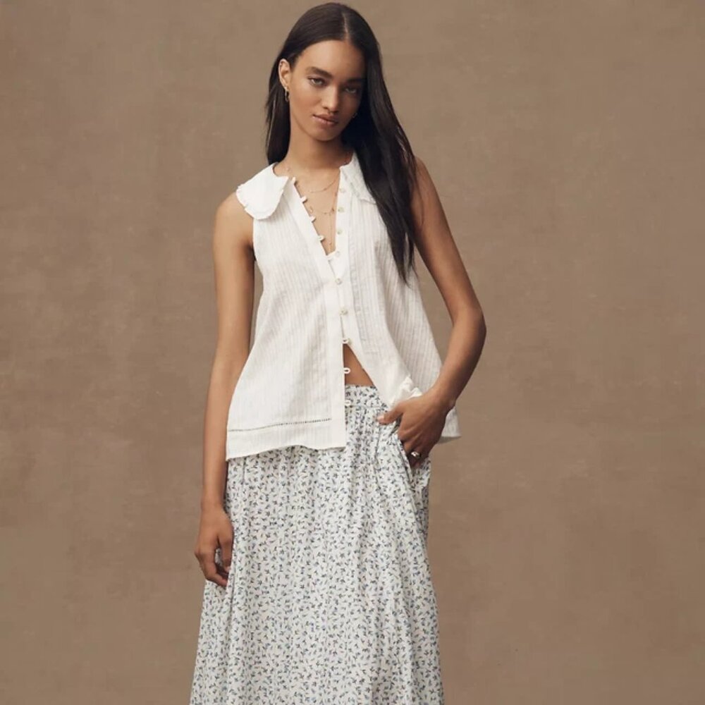 Sleeveless White Button-Front Cotton Top with Peter Pan Collar